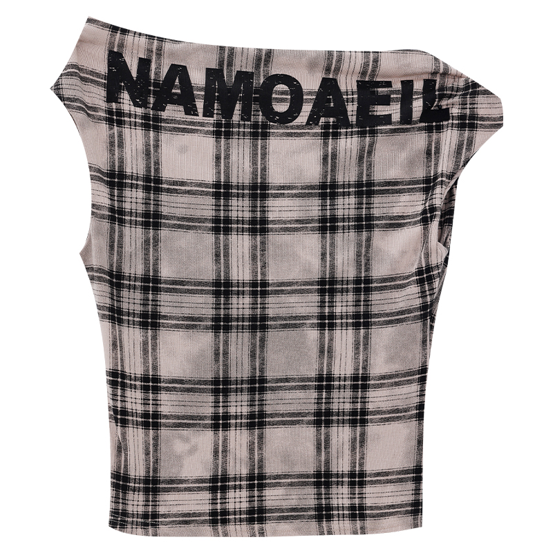 One-Shoulder Plaid Vest for Women - Spicy Girl Summer Slimming Top with Letter Design - Trendy Y2K Fashion
