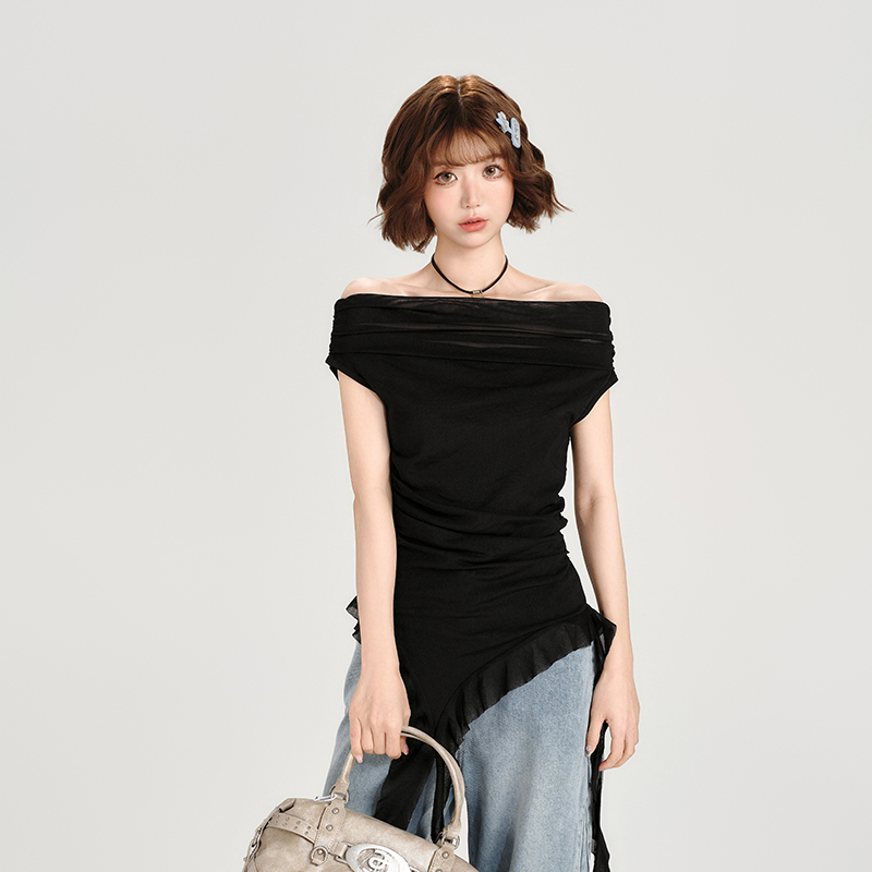 One-Shoulder Short Sleeve T-Shirt for Women - Spicy Girl Mesh Ribbon Slim Fit Top - American Style Summer Fashion