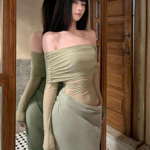 One-Shoulder Spicy Sexy Mesh Dress with Waist-Showing Design – Slightly Sheer Long Skirt, Trendy Korean Style for a Bold Look