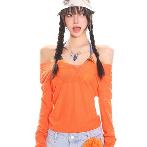 Orange Long Sleeve V-Neck Sun Protection Cover-Up for Women - Relaxed Fit Summer Top for a Casual Hot Girl Look