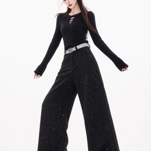 Original Black Woolen Sequin Wide-Leg Straight Pants for Women - Moon Night 2024 Autumn Winter Fashion Trousers