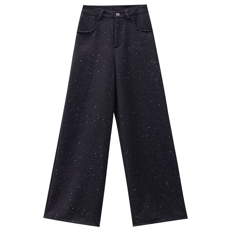 Original Black Woolen Sequin Wide-Leg Straight Pants for Women - Moon Night 2024 Autumn Winter Fashion Trousers