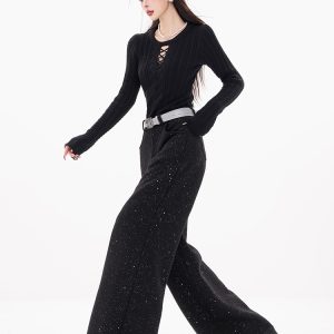 Original Black Woolen Sequin Wide-Leg Straight Pants for Women - Moon Night 2024 Autumn Winter Fashion Trousers