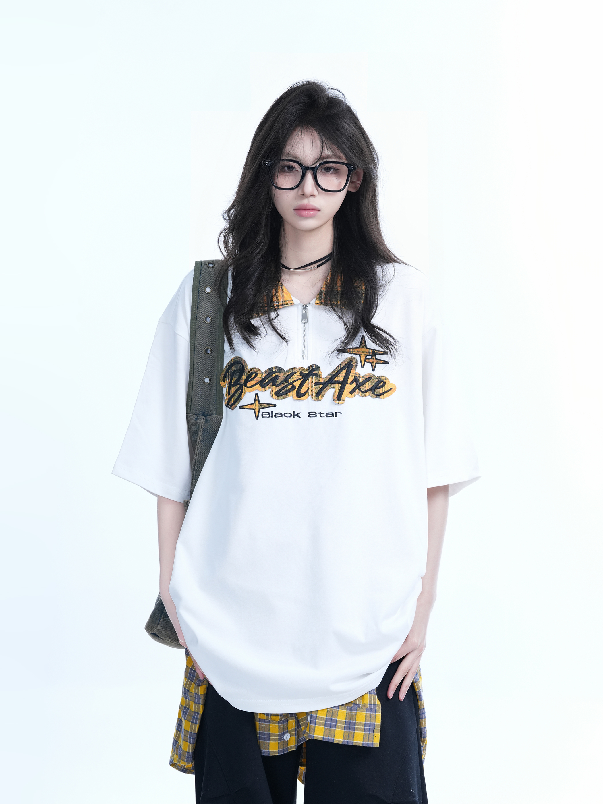 Oversized Loose Plaid Polo T-Shirt for Women - American College Style, Short Sleeve Tee with Casual Comfort and Trendy Design