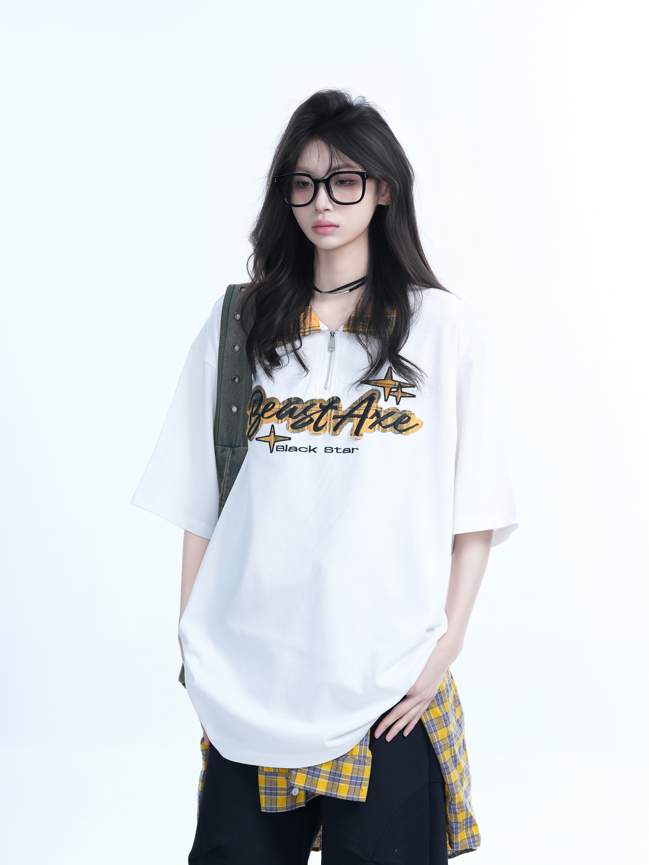 Oversized Loose Plaid Polo T-Shirt for Women - American College Style, Short Sleeve Tee with Casual Comfort and Trendy Design