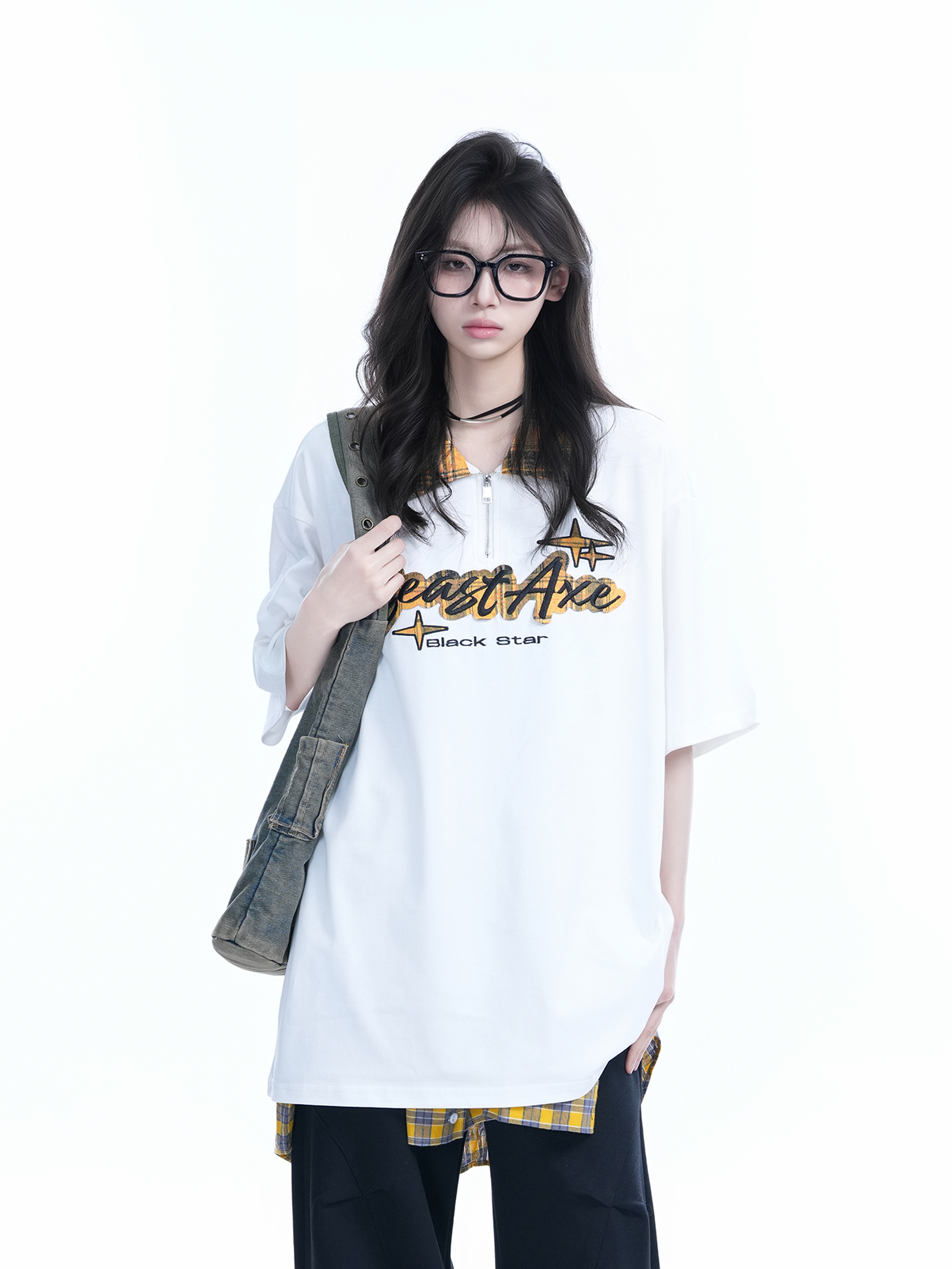 Oversized Loose Plaid Polo T-Shirt for Women - American College Style, Short Sleeve Tee with Casual Comfort and Trendy Design