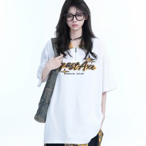 Oversized Loose Plaid Polo T-Shirt for Women - American College Style, Short Sleeve Tee with Casual Comfort and Trendy Design