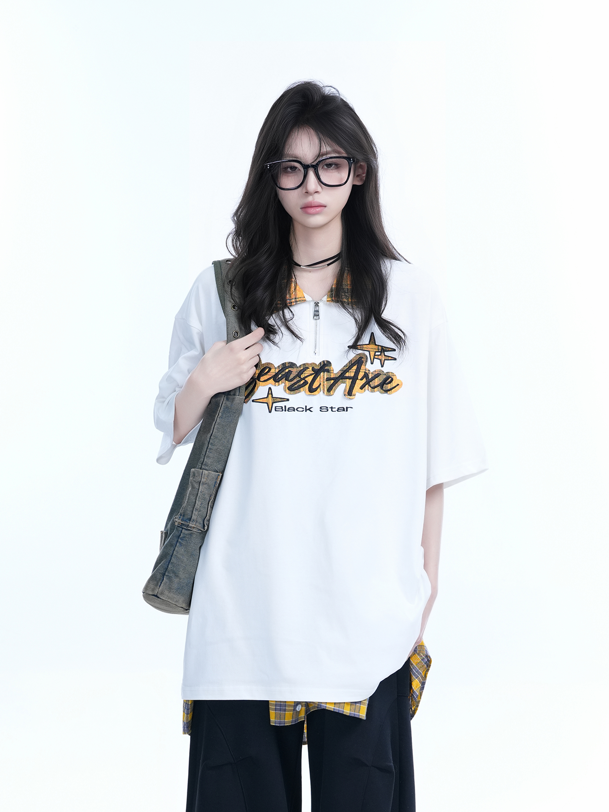 Oversized Loose Plaid Polo T-Shirt for Women - American College Style, Short Sleeve Tee with Casual Comfort and Trendy Design