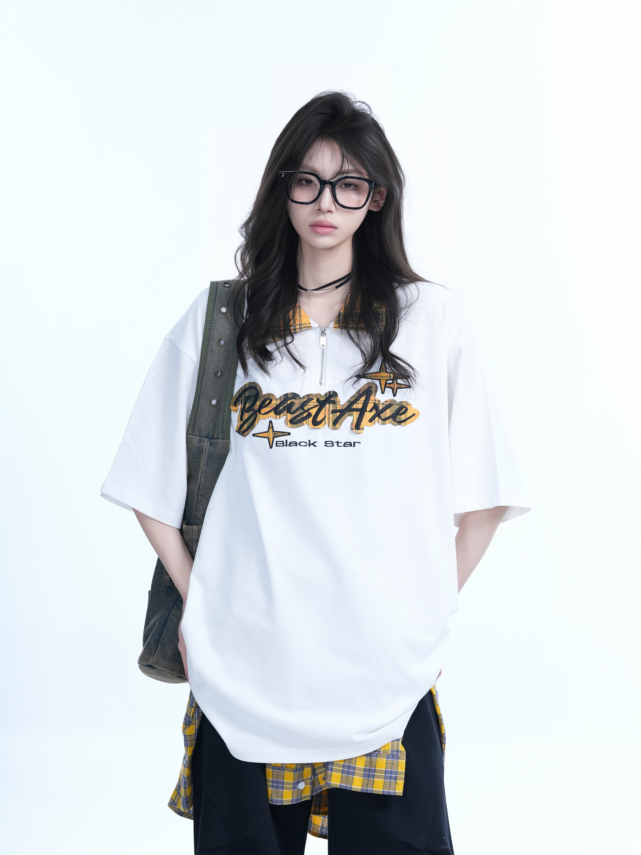 Oversized Loose Plaid Polo T-Shirt for Women - American College Style, Short Sleeve Tee with Casual Comfort and Trendy Design