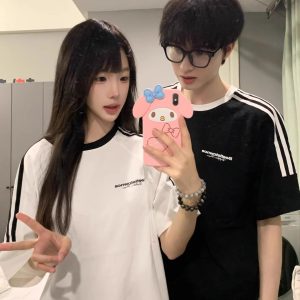 Oversized Spliced Three-Stripe Short Sleeve T-Shirt for Women - American High Street Style, Casual Summer Trend for Juniors