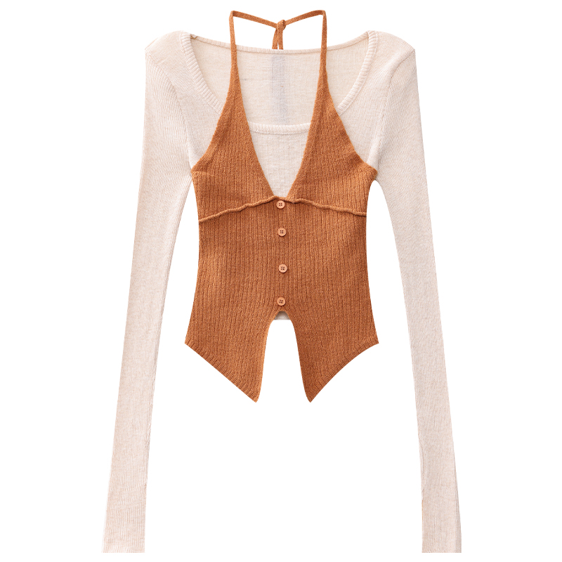 Patchwork Fake Two-Piece Knitted Sweater for Women - Round Neck Long Sleeve, 2025 Early Spring Style, Trendy Y2K Fashion