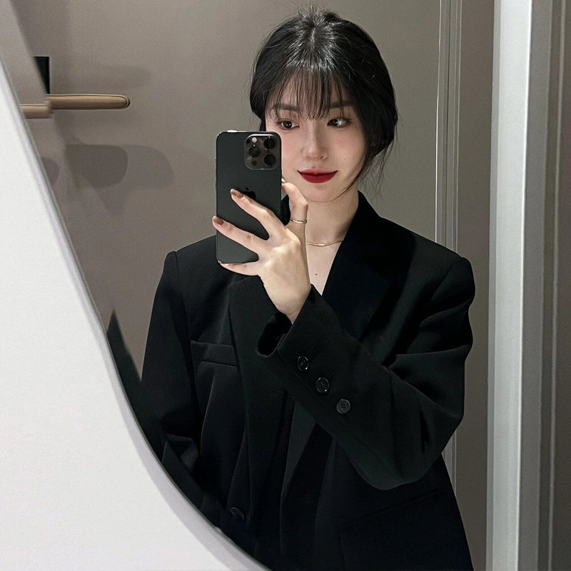 Petite Black Suit Jacket for Women - Trendy Slim Fit, Short Style, High-End Korean Fashion for Spring & Autumn 2025