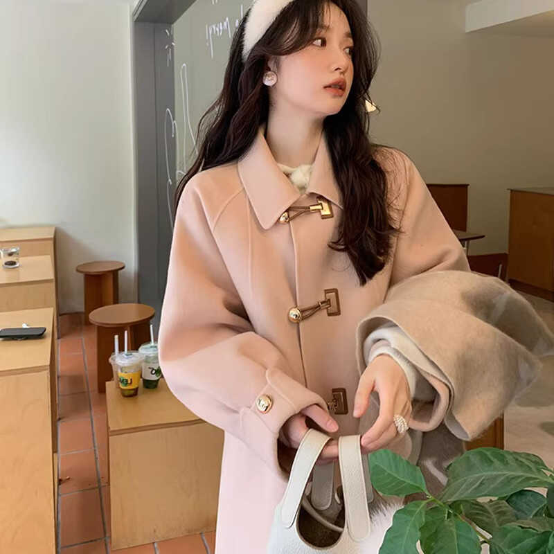 Petite Double-Sided Cashmere Wool Coat with Horn Buttons for Women - High-End Feel Autumn Winter 2024 Woolen Jacket