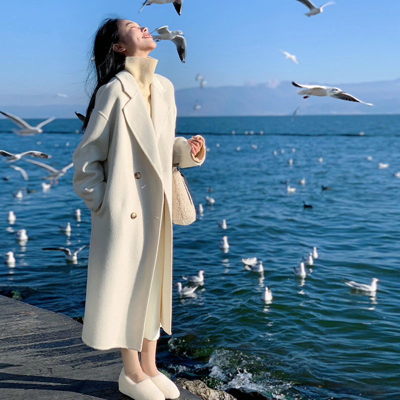 Petite Oatmeal Double-Sided Cashmere Coat for Women - Mid-Length High-End Woolen Outerwear for Autumn/Winter 2024