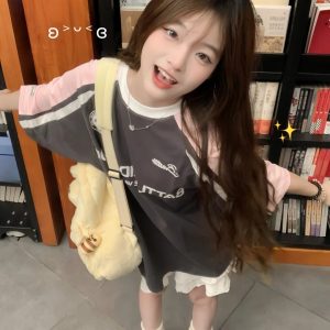Pink Color-Blocked Raglan Short-Sleeve T-Shirt for Girls - American High Street Style, Summer Fashion for Big Kids, Junior High & High School
