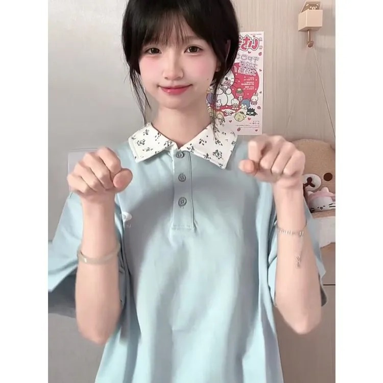 Pink Floral Patchwork Polo Collar Short-Sleeve T-Shirt for Women - Summer 90s Style Top for Juniors and Teens