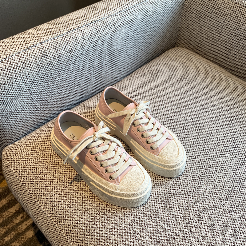 Pink Genuine Leather Lace-Up Sneakers for Women - 2025 Height-Increasing Thick Sole Casual White Shoes, Versatile Comfort Style