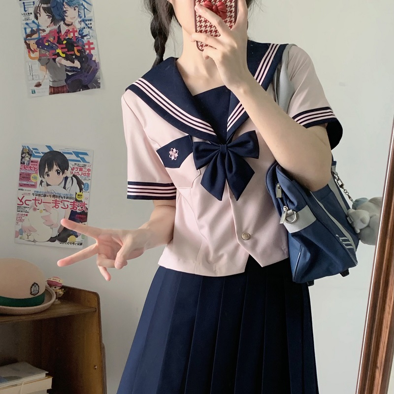 Pink JK Uniform Sailor Suit for Women - Camellia Floral Waist-Defined College Style Summer Short Sleeve Set