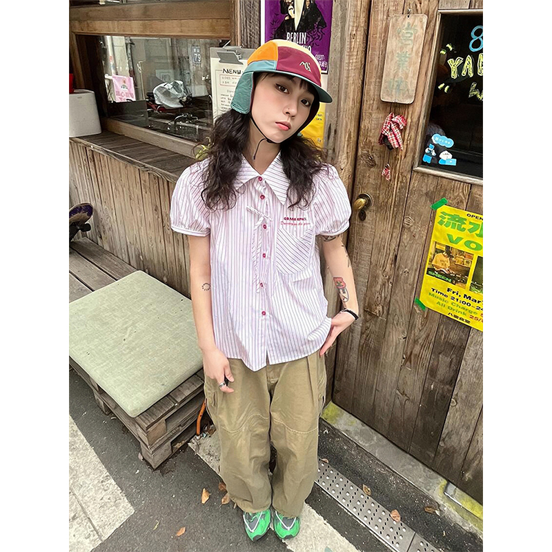 Pink Striped Short Sleeve Blouse for Women - Summer Puff Sleeve Jacket, Loose Slimming Top, Trendy Miu Style