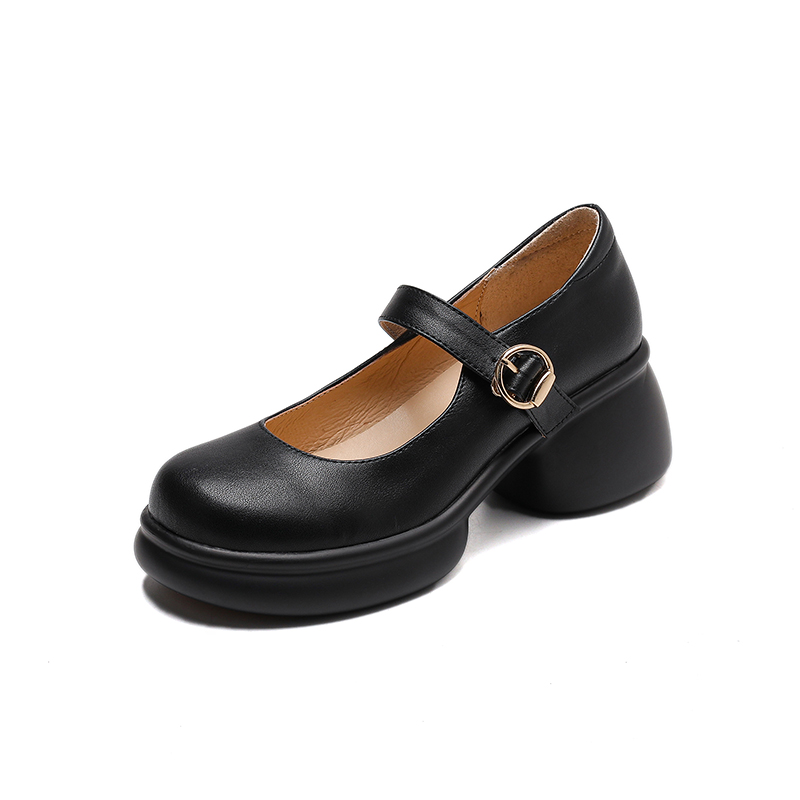 Pink Thick-Soled Chunky Heel High Heels for Girls - Genuine Leather Mary Jane Shoes for Spring/Summer 2025, 90s Inspired Fashion