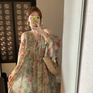 Pink Wave Off-Shoulder Chiffon Tie V-Neck Dress - Women's Vintage Spring A-Line Mid-Length Skirt, 90s Inspired Fashion