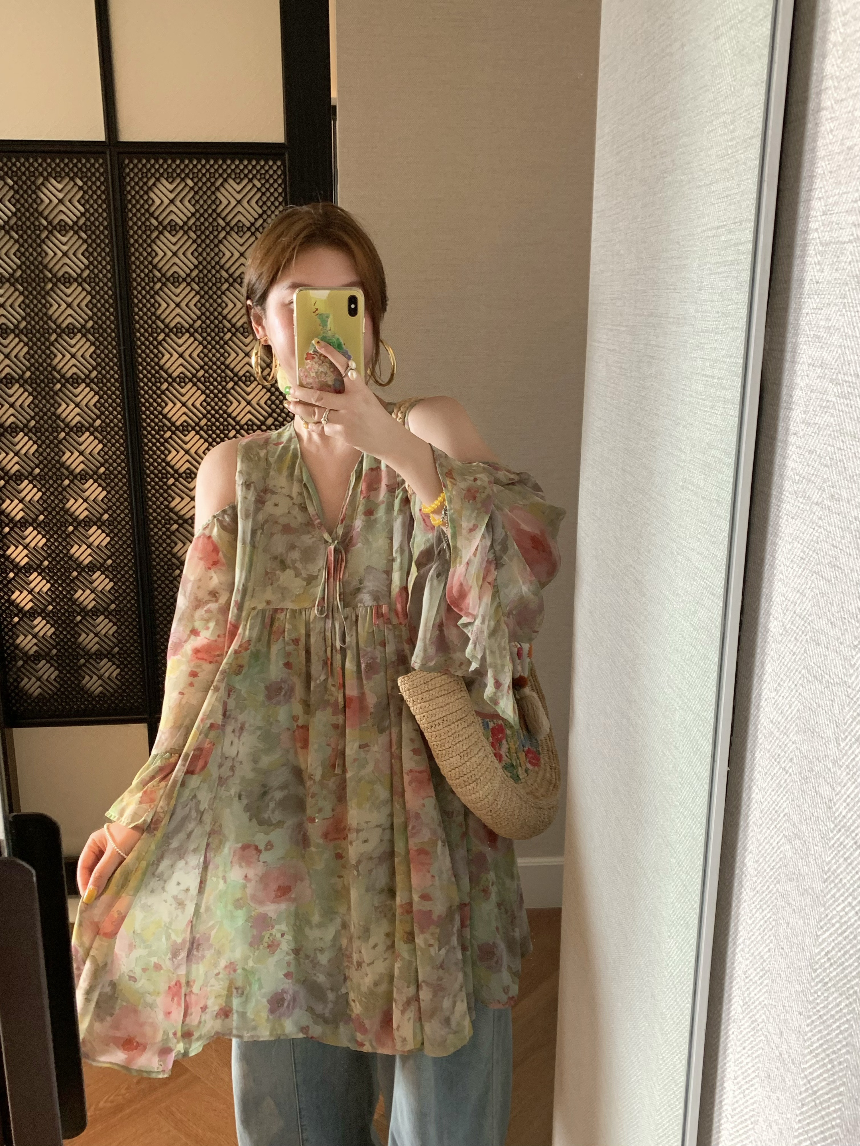 Pink Wave Off-Shoulder Chiffon Tie V-Neck Dress - Women's Vintage Spring A-Line Mid-Length Skirt, 90s Inspired Fashion