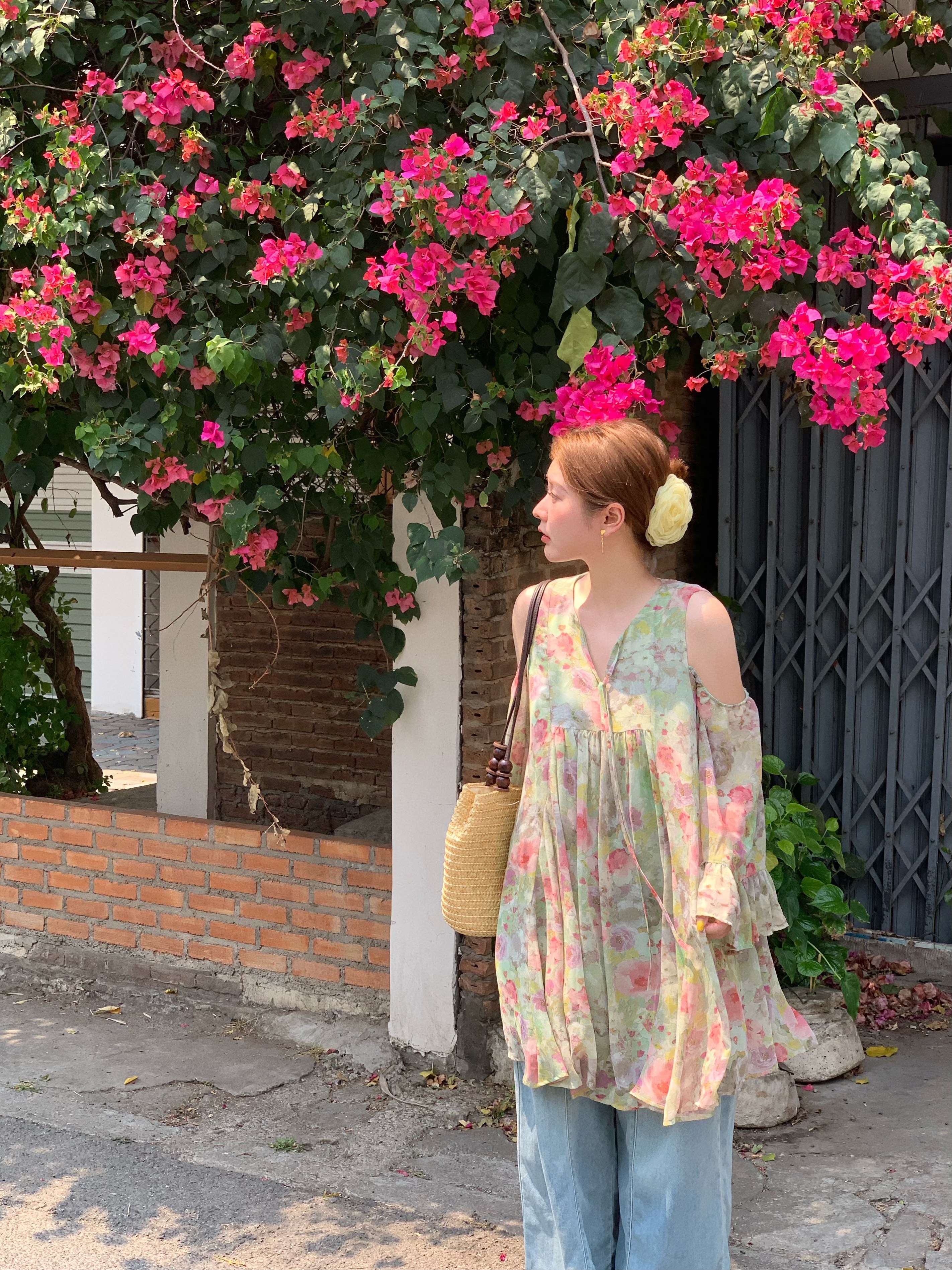 Pink Wave Off-Shoulder Chiffon Tie V-Neck Dress - Women's Vintage Spring A-Line Mid-Length Skirt, 90s Inspired Fashion