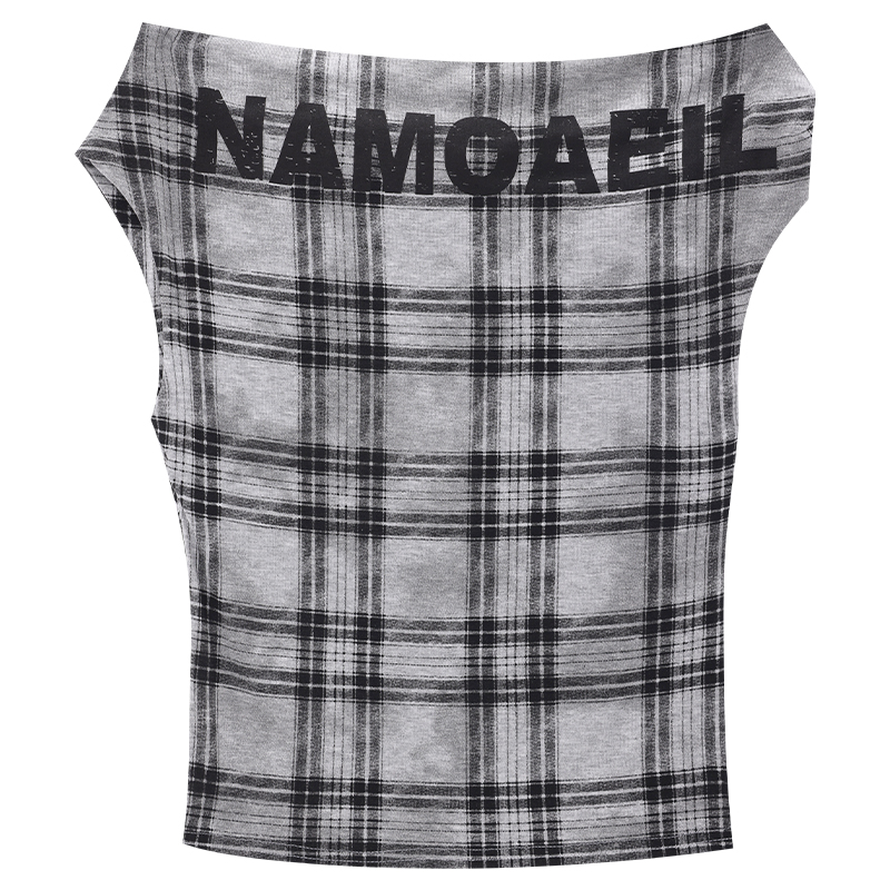 Plaid Design Strapless Women's Blouse - Slim Fit One-Shoulder Short Sleeve Top - Trendy 2025 Fashion Essential