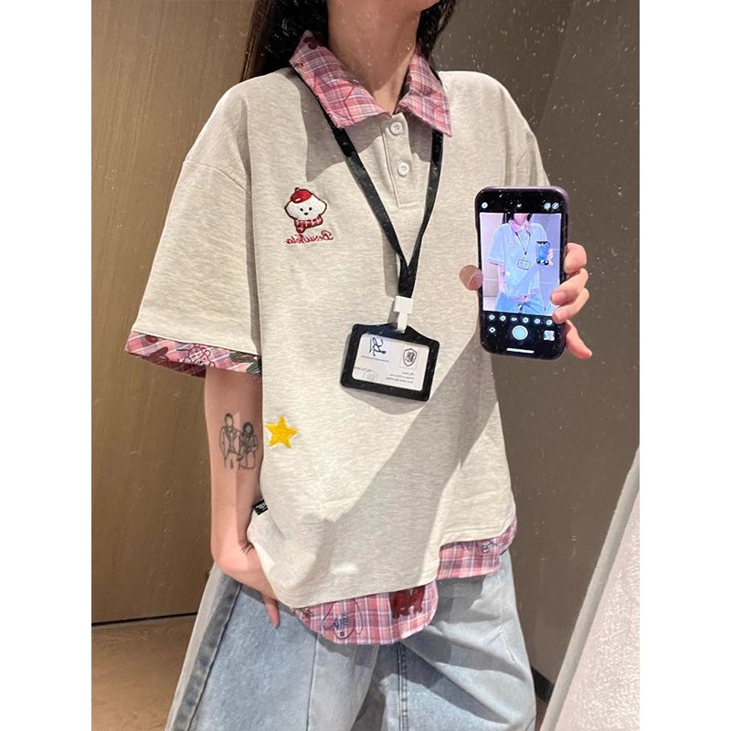 Plaid Spliced Embroidered Puppy Fake Two-Piece Polo Shirt - Women's Short Sleeve T-Shirt for Summer College Style