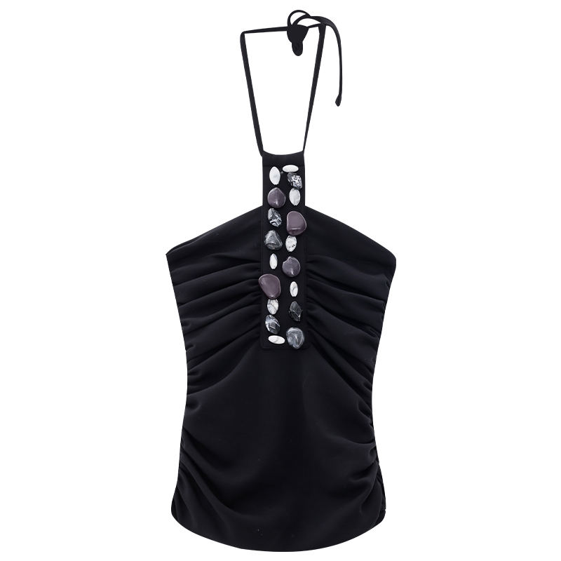 Pleated Strap Top for Women with Original Stone Decoration - Summer Slim Fit Fashion Top in Trendy Style