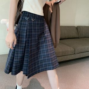 Plus Size A-Line Plaid High-Waisted Mid-Length Pleated Skirt - Women's American College Style Umbrella Skirt