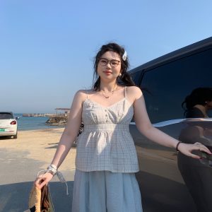 Plus Size Blue Plaid Bubble Cotton Camisole - Retro Korean Style Summer Top for Slightly Chubby Girls