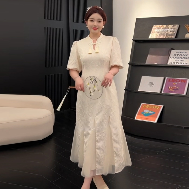 Plus-Size Chinese Style Summer Qipao Dress, Retro Mesh Splicing Skirt, Slimming National Wind Design for Plump Figures