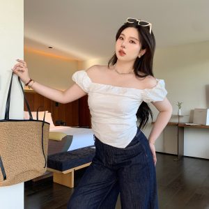 Plus Size Designer Lace One-Shoulder Top - Slimming Pleated Short T-Shirt for Summer - Trendy Chubby Style