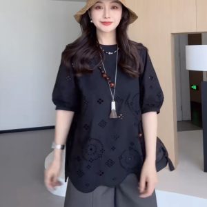 Plus Size Hollowed-Out Lace Short Sleeve Shirt for Women - Flattering Loose Fit, Perfect for Curvy Figures, Stylish and Comfortable