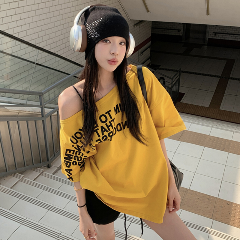 Plus Size Off-Shoulder Letter T-Shirt for Women - Summer Short Sleeve Loose Fit Slimming Top - Spicy Girl American Style