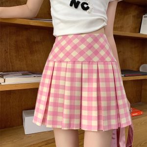 Plus-Size Pink Plaid High-Waisted Pleated Midi Skirt - Women's Summer Checkered A-Line Skirt with Slim Fit for Trendy Style