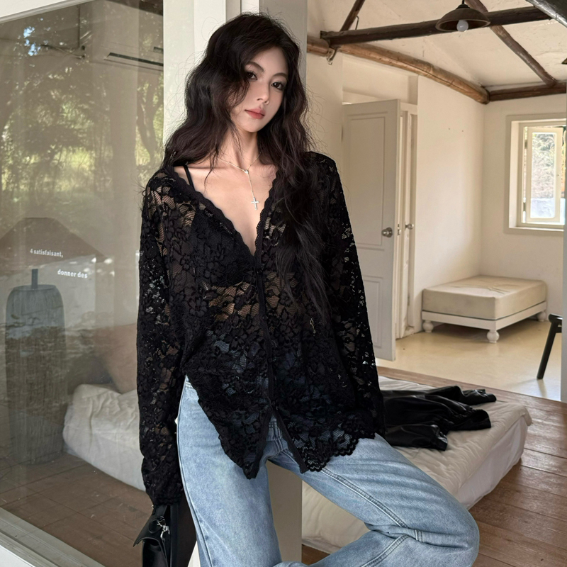 Plus Size Sexy V-Neck Long Sleeve Lace Top for Women - Elegant Hollow-Out Sheer Blouse for Autumn & Winter, Loose & Slimming Fit