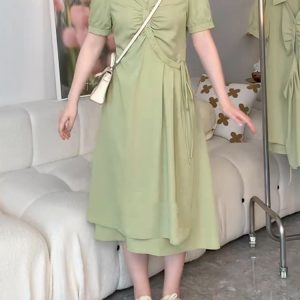 Plus-Size Slimming Dress for Women with Tie Waist, Concealed Belly, Short Sleeve, High-End Feel, Perfect for Summer Events