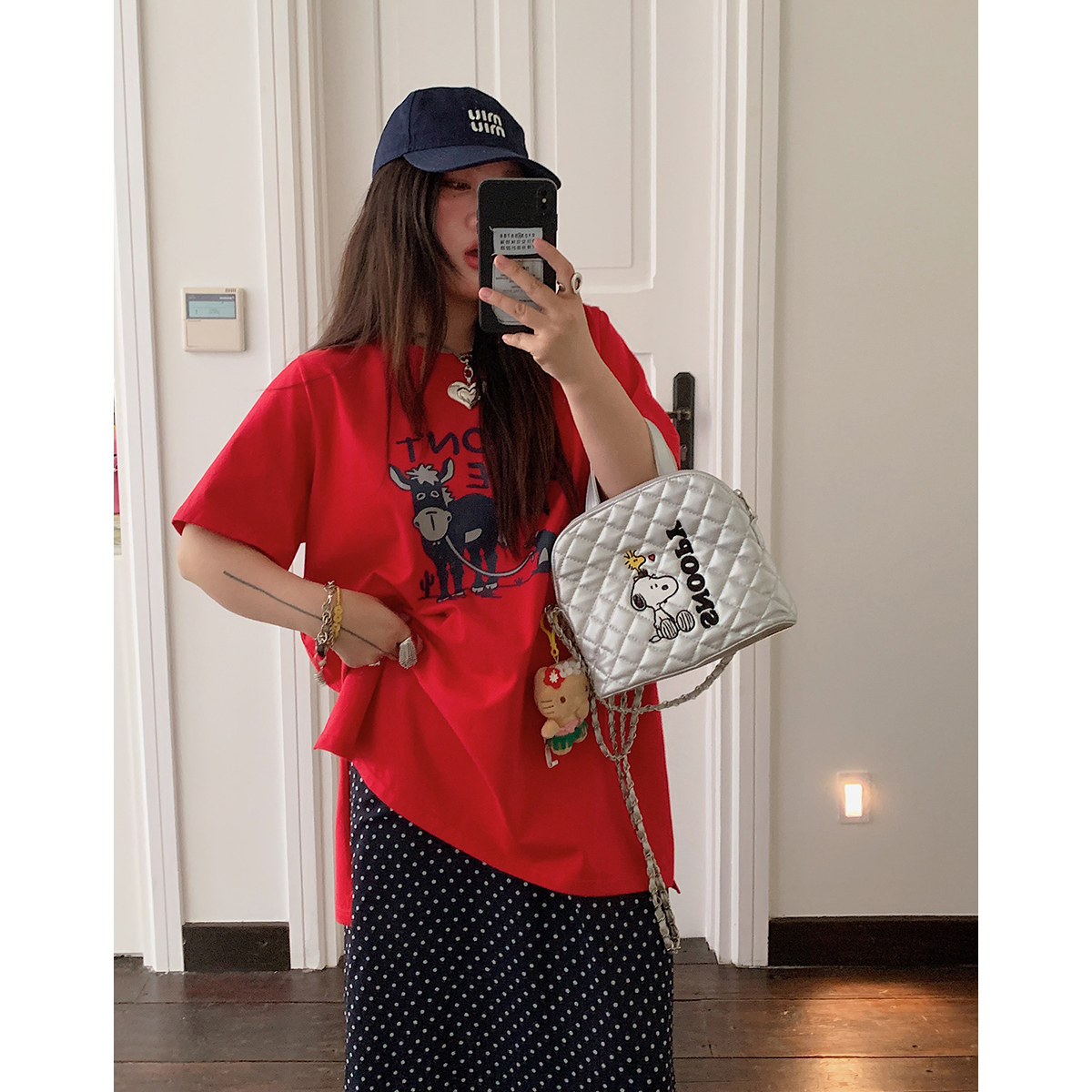 Plus Size Slimming Red Printed Short Sleeve T-Shirt for Women - Summer 2025 Gold Big Support Design