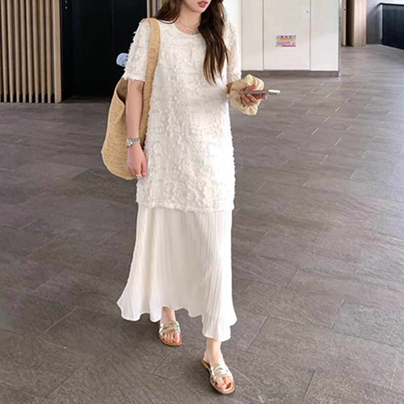 Plus Size Spliced Chiffon Loose Dress for Women, French Style Short Sleeve, Flattering Fit, Hides Belly, Elegant Casual Wear