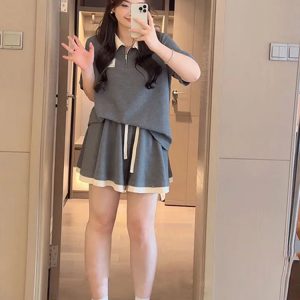 Plus Size Summer Leisure Sports Outfit for Women, Slimming Polo Collar Top and Shorts, Youthful Fashionable Two-Piece Set