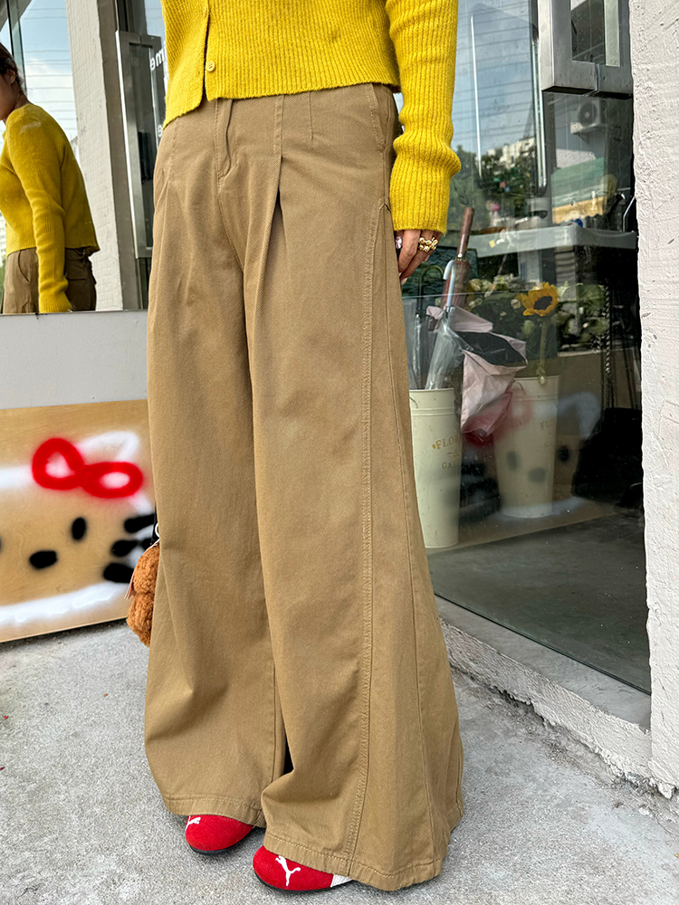 Plus Size Vintage American High Waist Wide Leg Jeans for Women, Autumn Winter Leaf Yellow Flared Workwear Pants