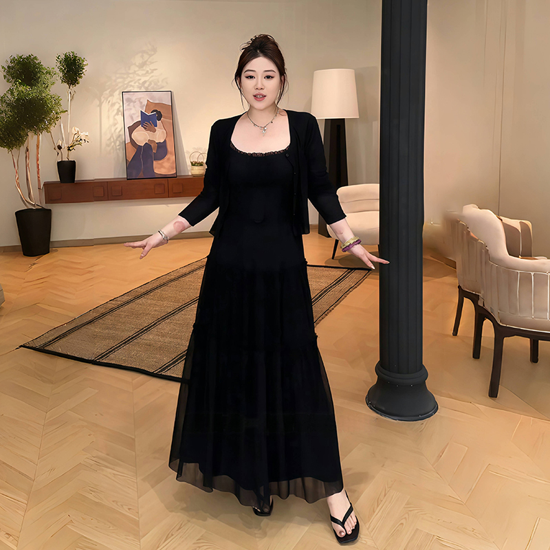 Plus-Size Women's French-Style Pleated Camisole Dress with Long Sleeve Cardigan Set - Summer Cover-Up for Curvy Fashion