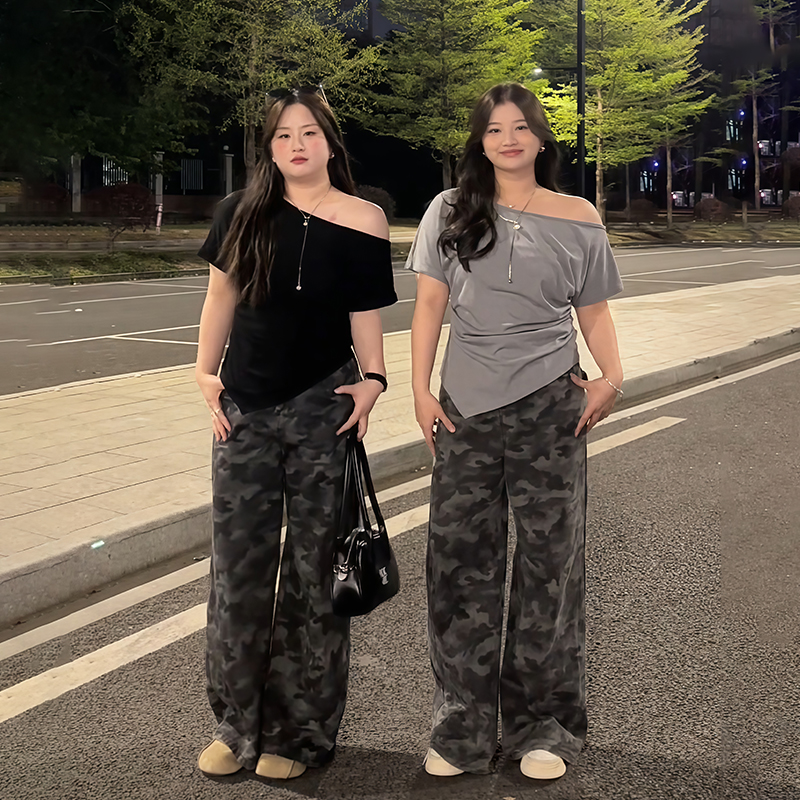 Plus Size Women's Off-Shoulder Short Sleeve T-Shirt - Summer Slimming Irregular Top, Tummy-Covering, Waist-Cinching Style