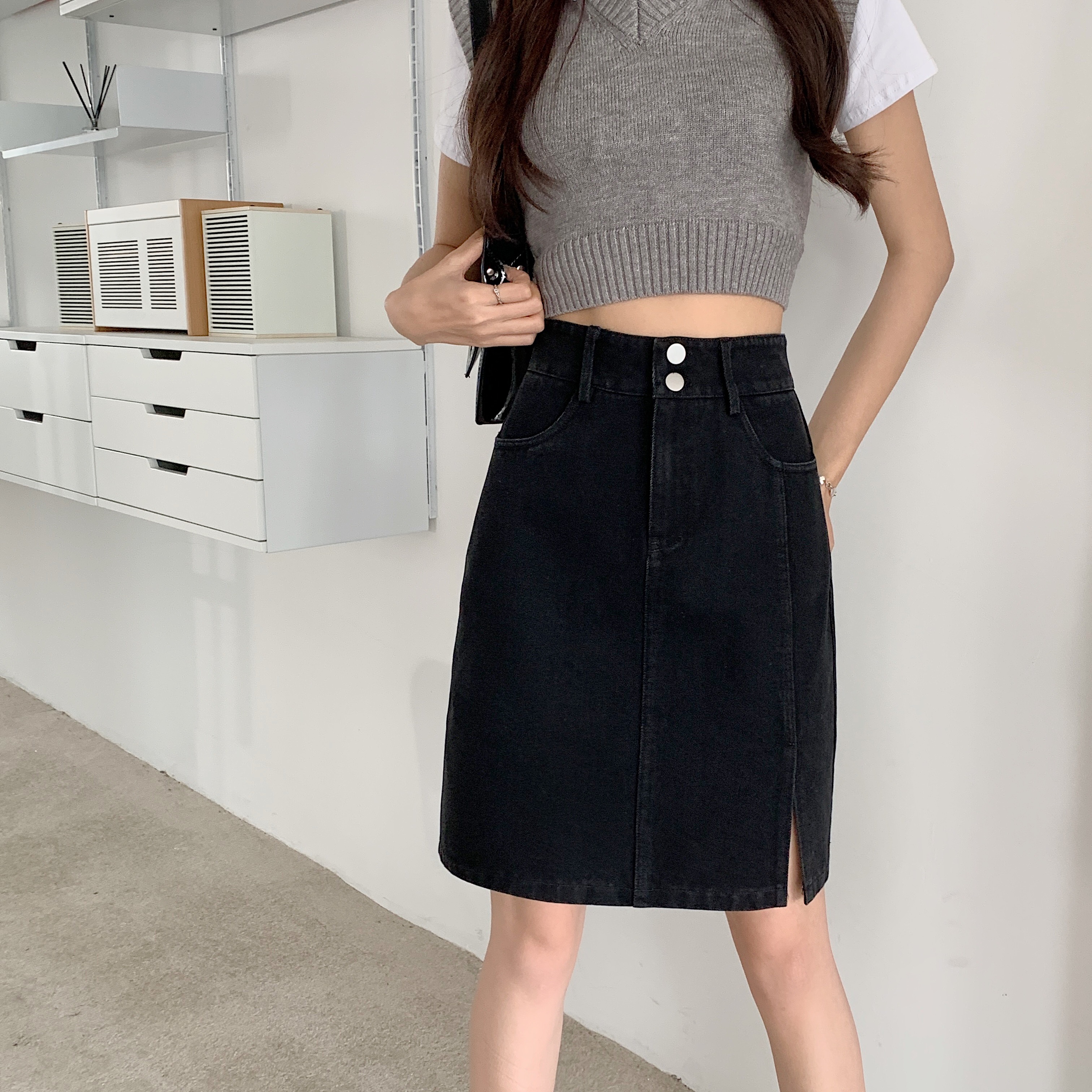 Plus Size Women's Summer Mid-Length High-Waisted A-Line Denim Skirt with Slimming Split - Korean Style Bodycon Fashion