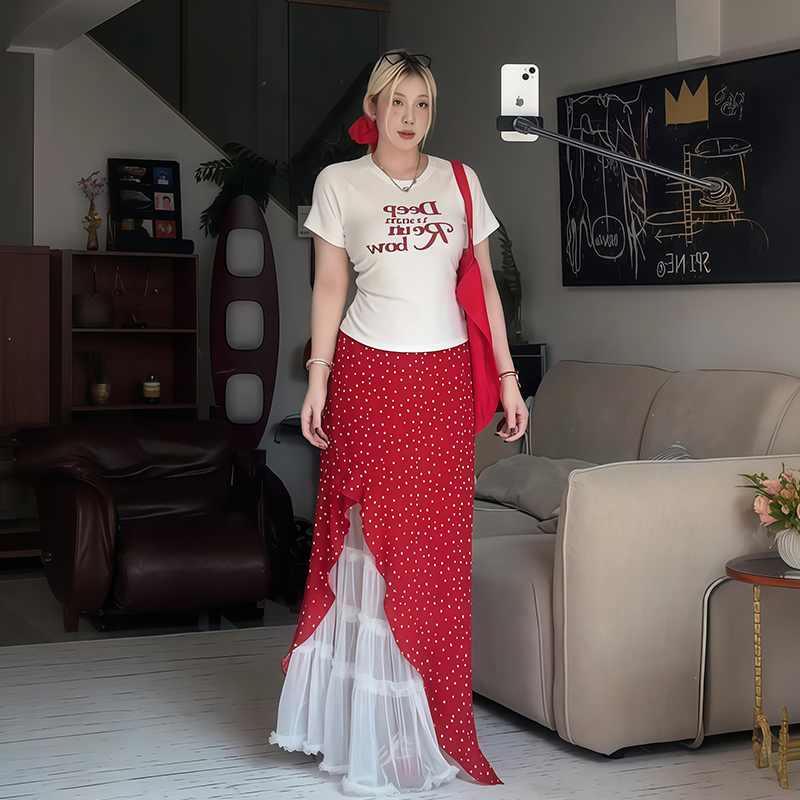 Plus Size Women's Vintage Letter Print Short Sleeve T-Shirt Summer Outfit with Red Polka Dot Skirt Two-Piece Set