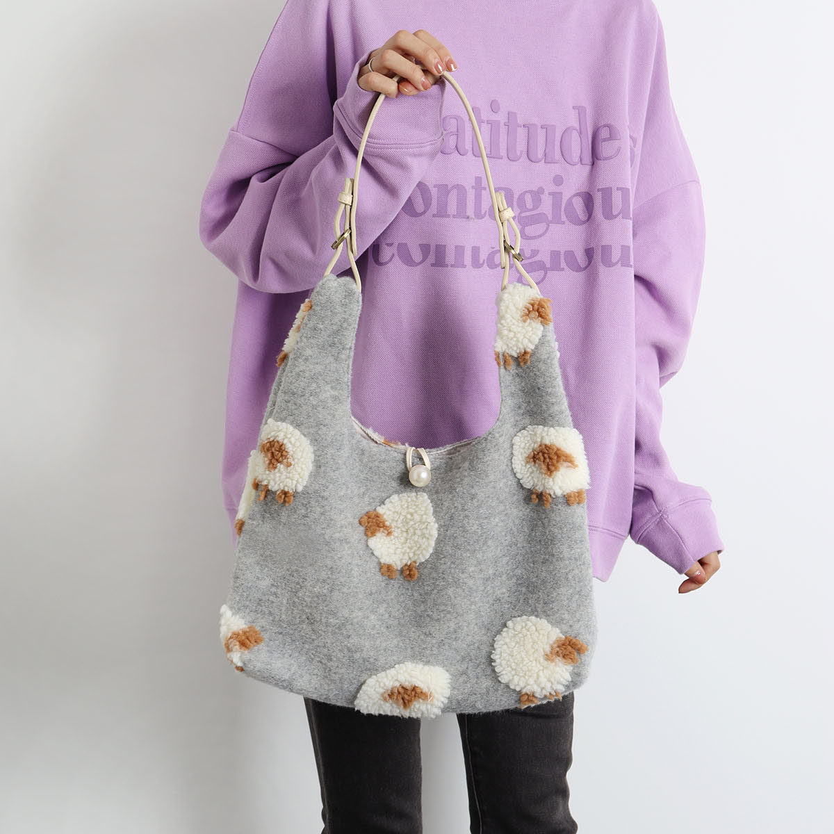 Plush Gray Lamb Tote Bag for Women, Soft and Cute Large Capacity Design, Trendy Niche Style