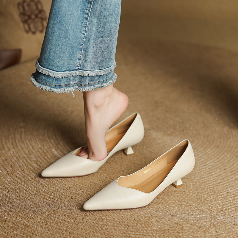Pointed Toe Apricot Women's High Heels - Elegant Thin Heels for Spring 2025, Versatile Commuter Style, Genuine Leather