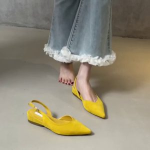 Pointed Toe Sheepskin Wedge Heeled Sandals for Women, French Minimalist Back Strap Evening Shoes, Commuter Flats